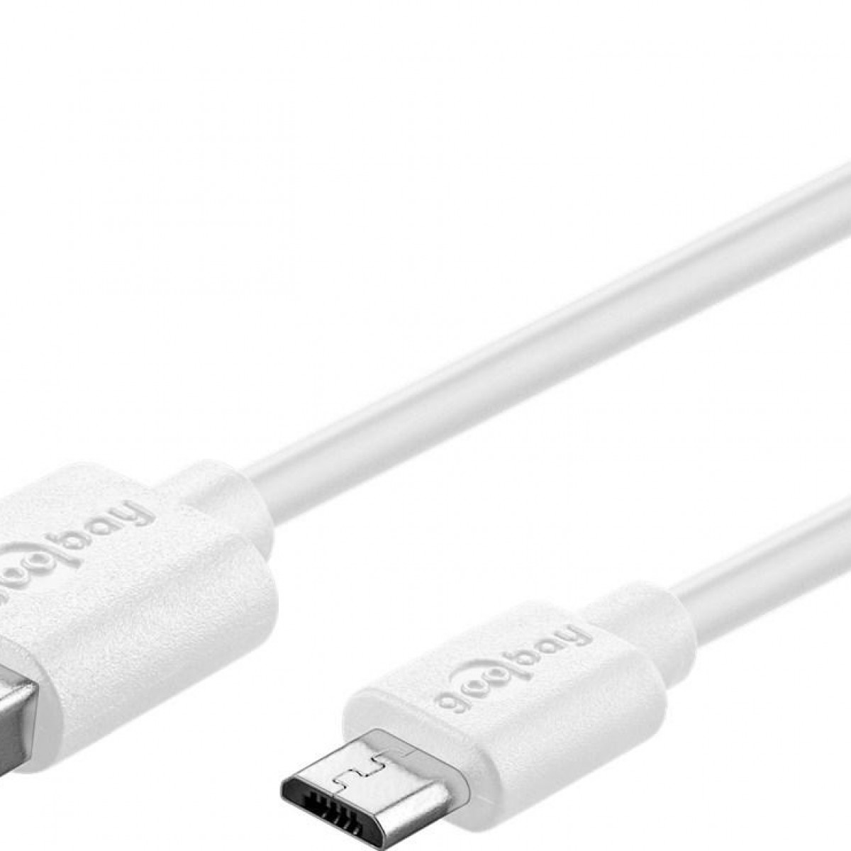 Weißes USB-C-Kabel mit weißen Steckern, mit Firmenlogo beschriftet.