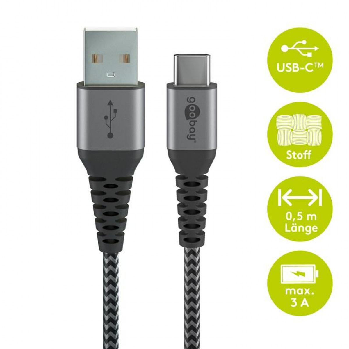 USB to USB-C cable with text and symbols, on a white background.