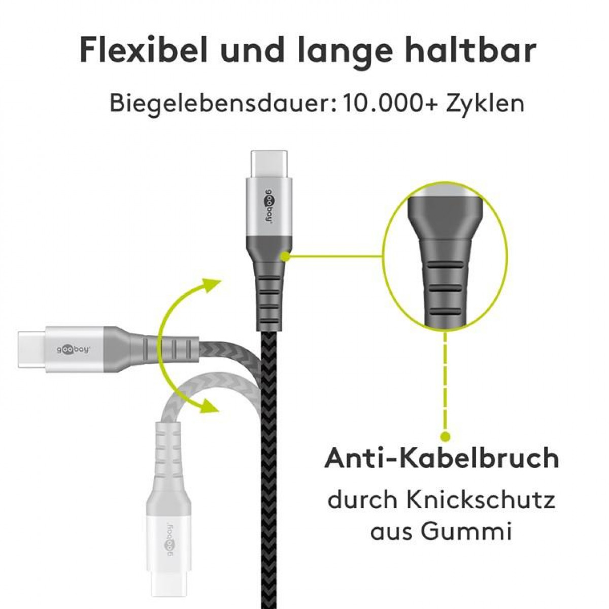 A USB-C cable with a rubber anti-kink protection and arrows indicating flexibility.