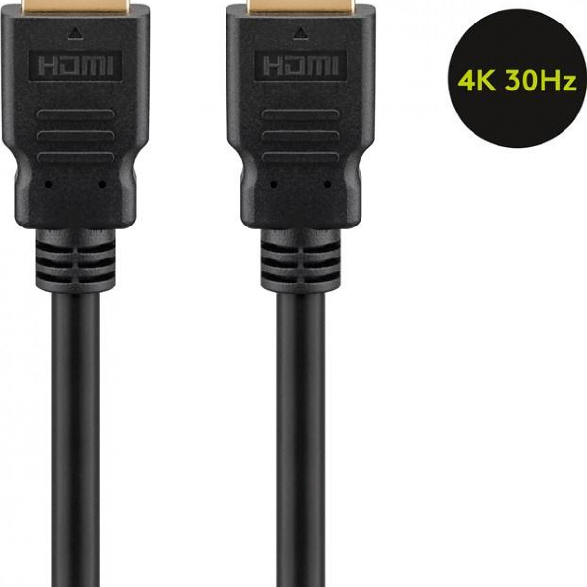 Zwei schwarze HDMI-Kabel. Im Hintergrund befindet sich ein schwarzer Kreis mit dem Text '4K 30Hz'.