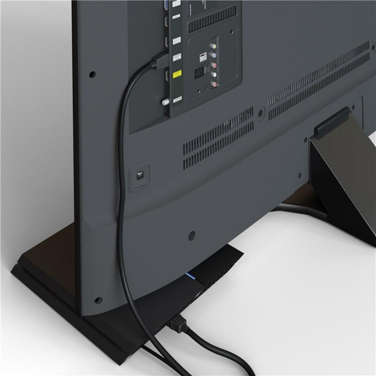Rückseite eines schwarzen Fernsehers mit Kabeln, die an einer schwarzen Basis angeschlossen sind.