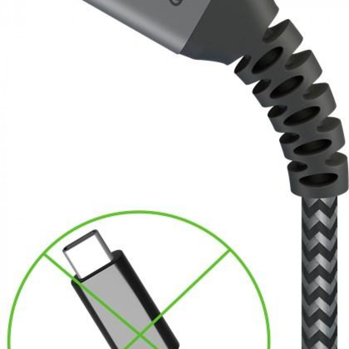 A close-up of a charging cable with a USB-C connector and a green circle with a USB-C port icon.