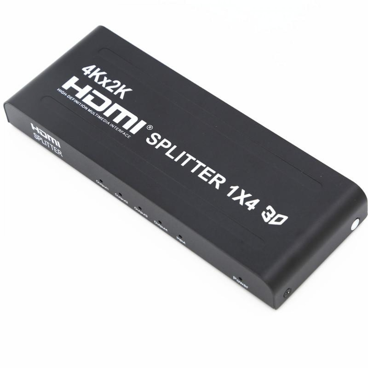 Black HDMI splitter with text on top. Shows input and output ports.