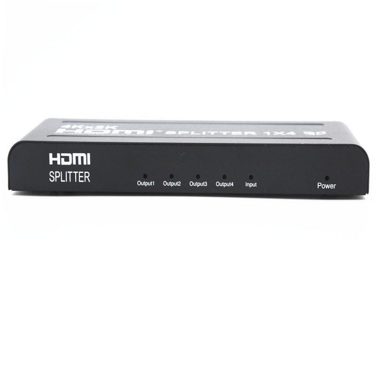 Black HDMI splitter with ports labeled on a white surface.