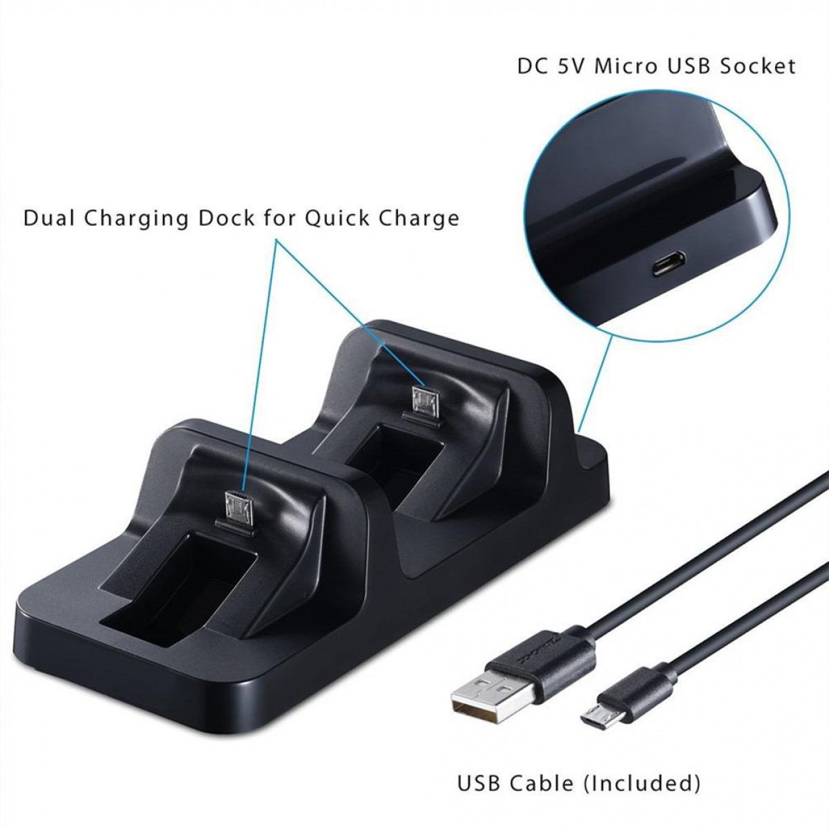 Dock di ricarica doppio con cavo USB. La base è nera e ha due slot.