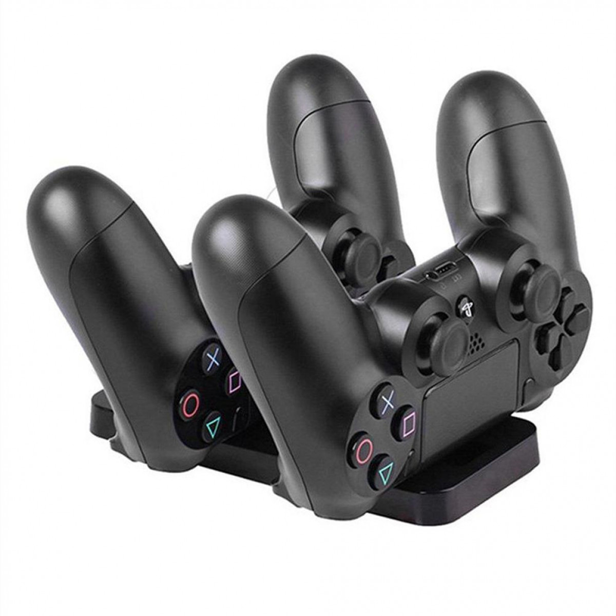 Una stazione di ricarica nera con tre controller di gioco neri.
