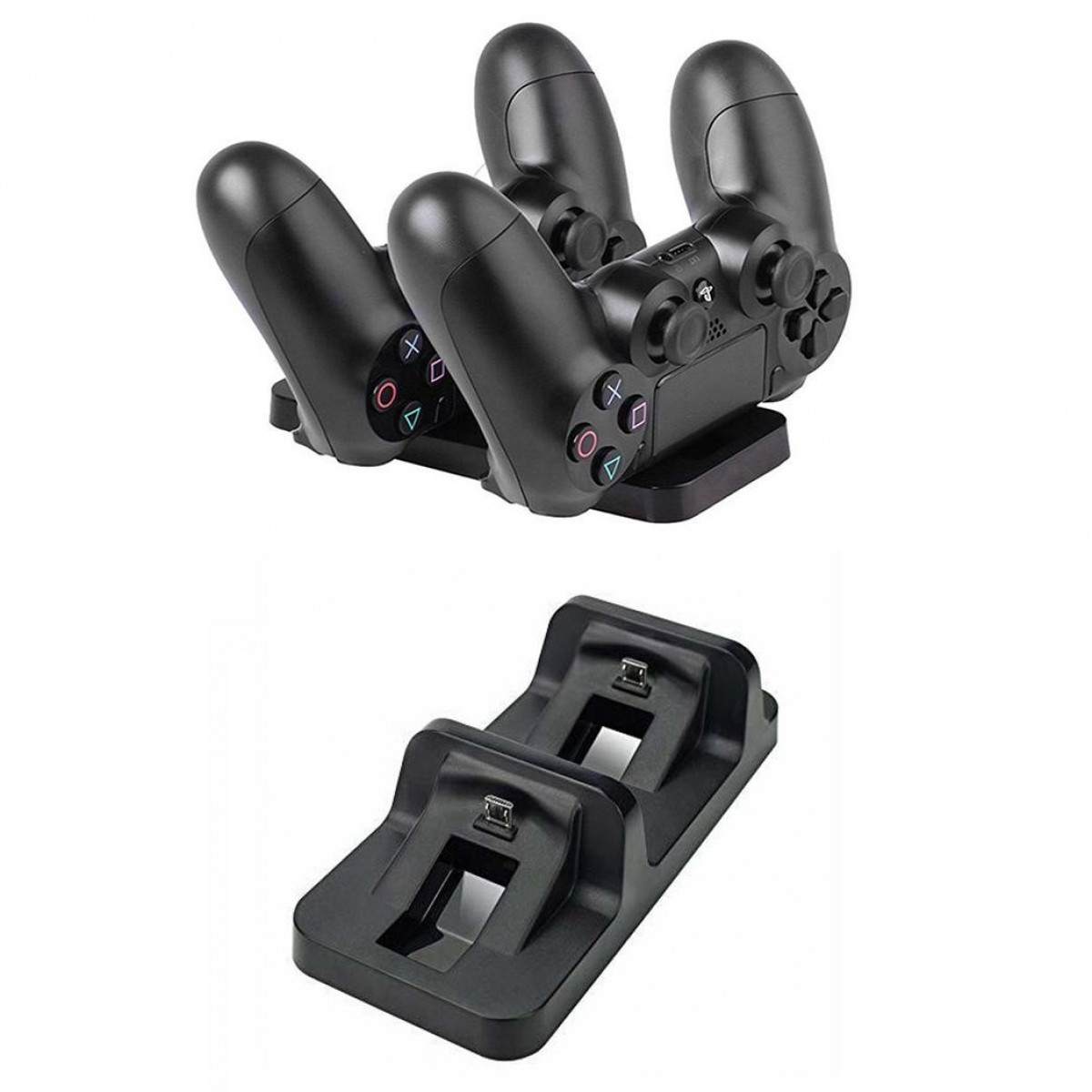 Due controller di gioco neri e una stazione di ricarica nera. Lo sfondo è bianco.