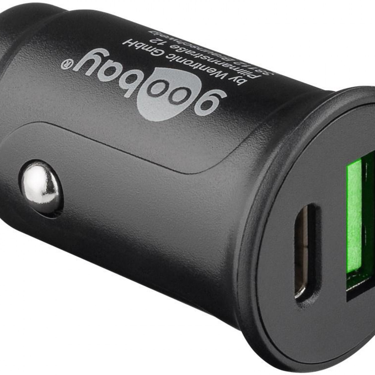 Schwarzes Telefonladegerät mit grünem USB-Anschluss und dem Markennamen 'goobay'.