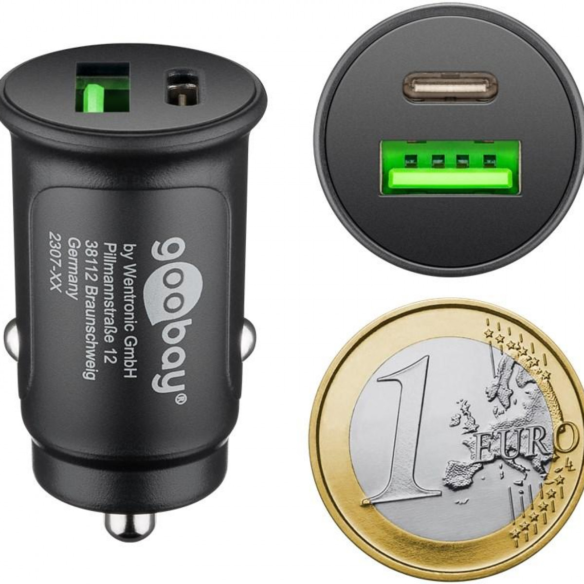 Autoladegerät mit USB- und USB-C-Anschlüssen neben einer Euro-Münze.