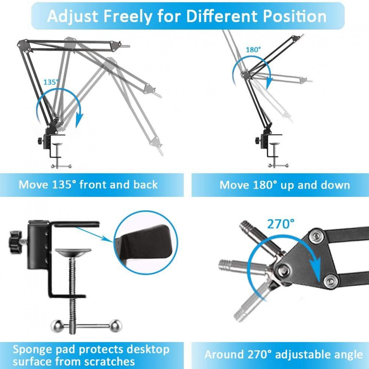 Le support de bureau réglable montre différentes positions. Bras et base mobiles.