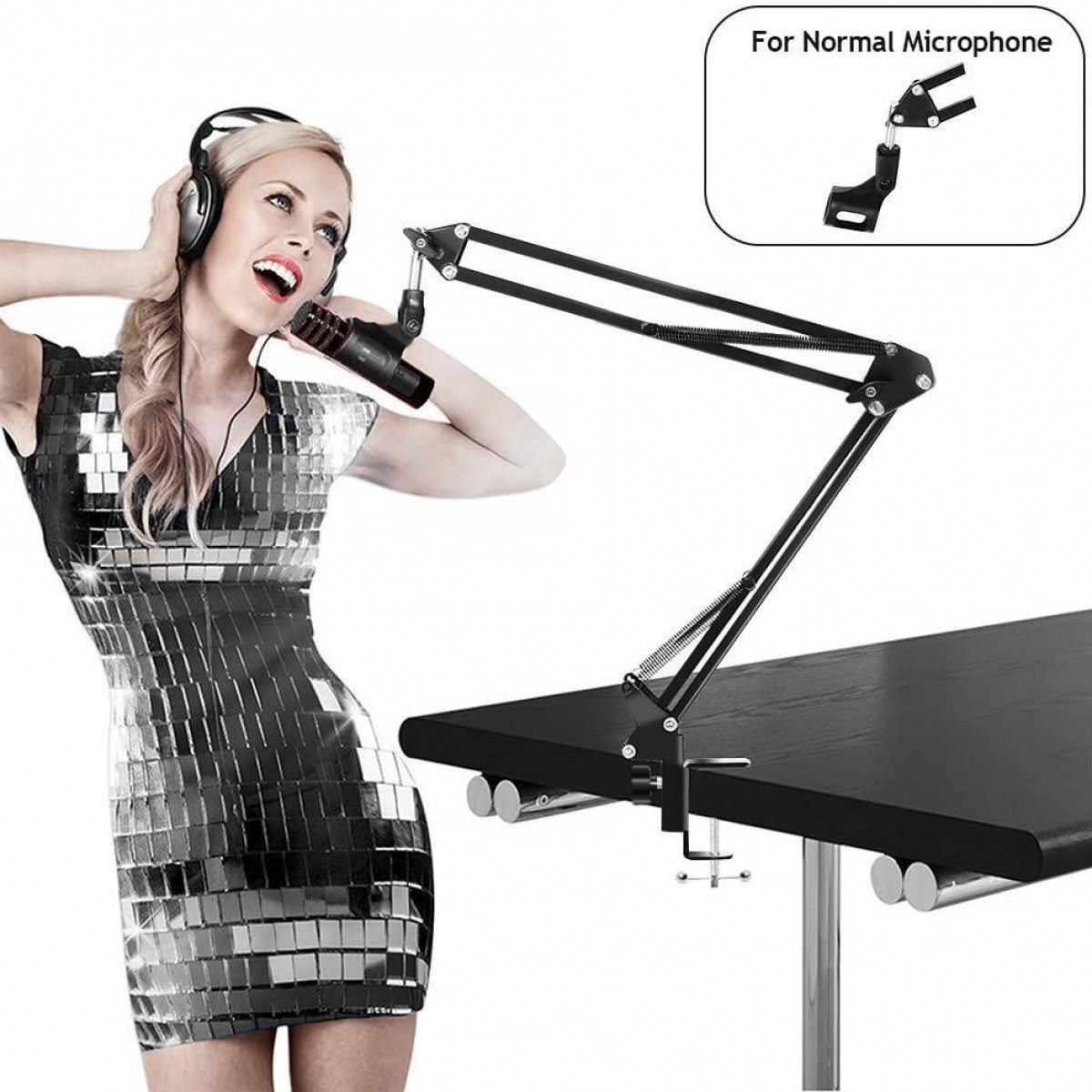 Une femme chante dans un microphone sur un pied. Un petit pied de microphone est montré en haut à droite.