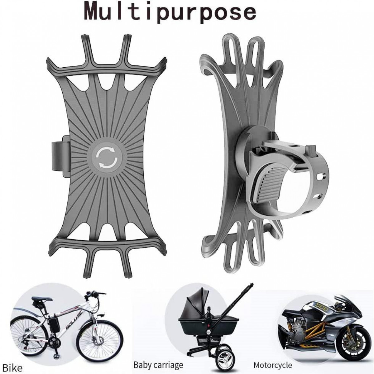 Uniwersalny uchwyt na telefon, pokazany zamontowany na rowerze, wózku i motocyklu.