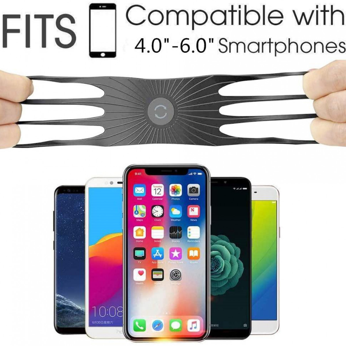Kilka smartfonów jest wyświetlanych obok rozciągliwego czarnego uchwytu na telefon, z napisem "FITS 4.0"-6.0" Smartphones".