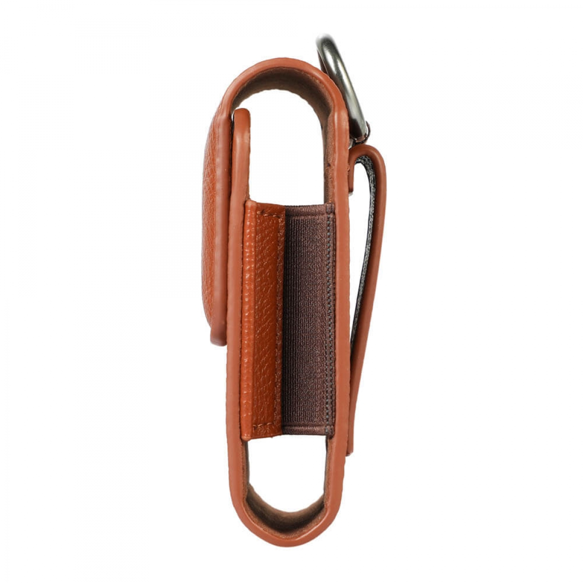 Braune Leder-Handyhülle mit Gürtelclip. Mit einem dunkelbraunen Gummiband im Inneren.