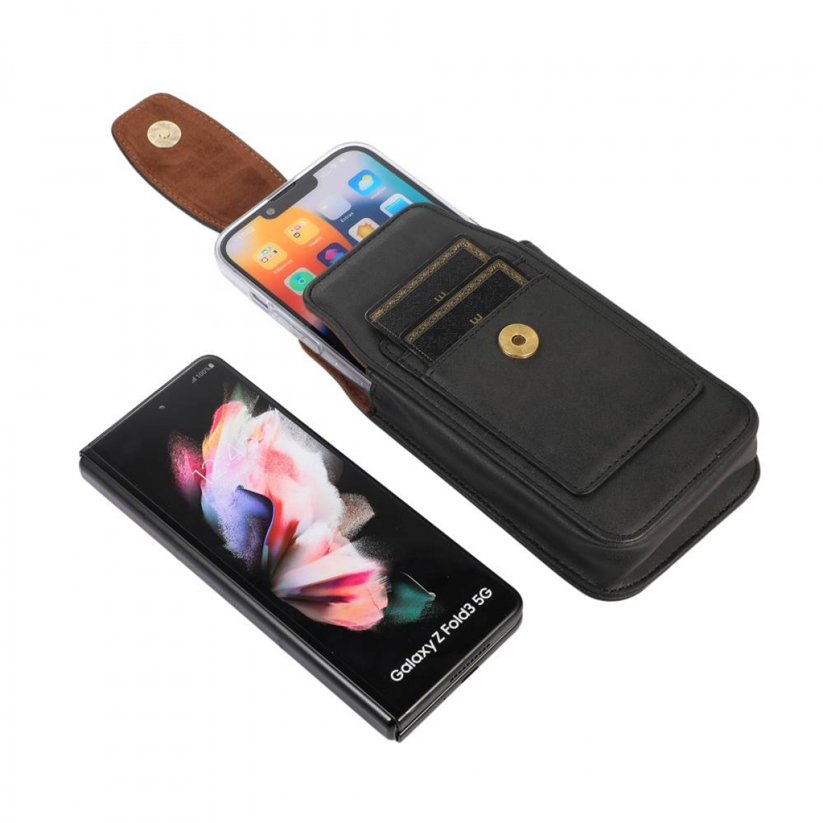 Schwarze Leder-Handyhülle mit Smartphone innen und geschlossenem Handy.