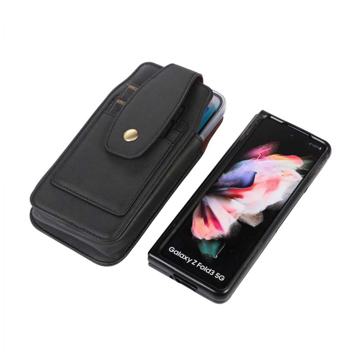 Schwarze Leder-Handyhülle hält ein schwarzes Telefon mit floralem Hintergrund auf dem Bildschirm.
