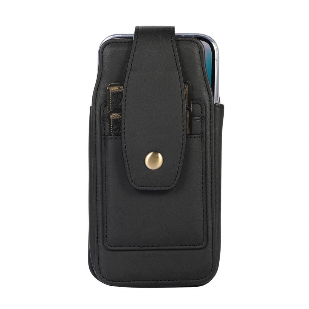Eine schwarze Handytasche mit Gürtelclip und Magnetverschluss.
