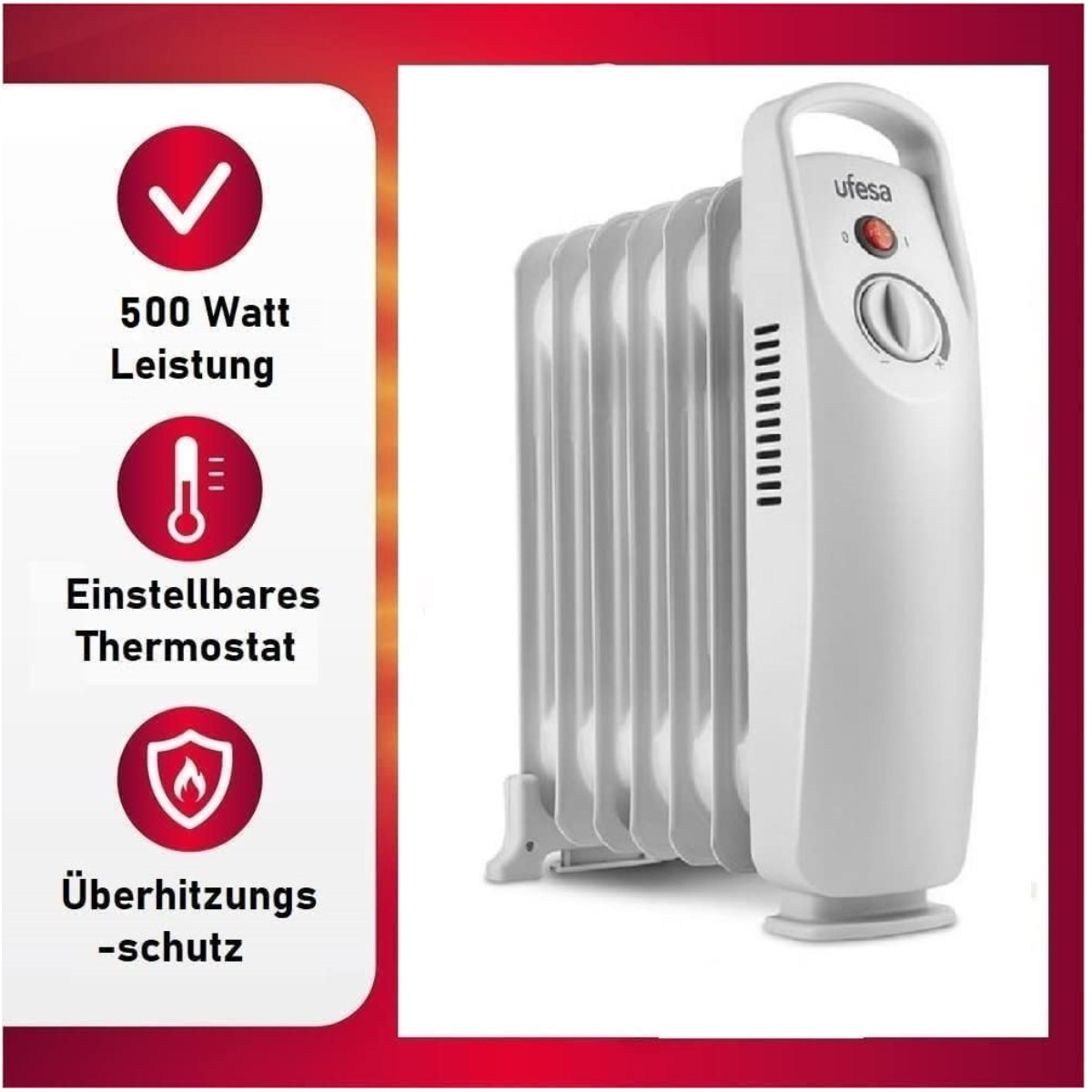 Weißer Heizlüfter mit Bedienfeld rechts und Symbolen links. Er hat mehrere Heizelemente.
