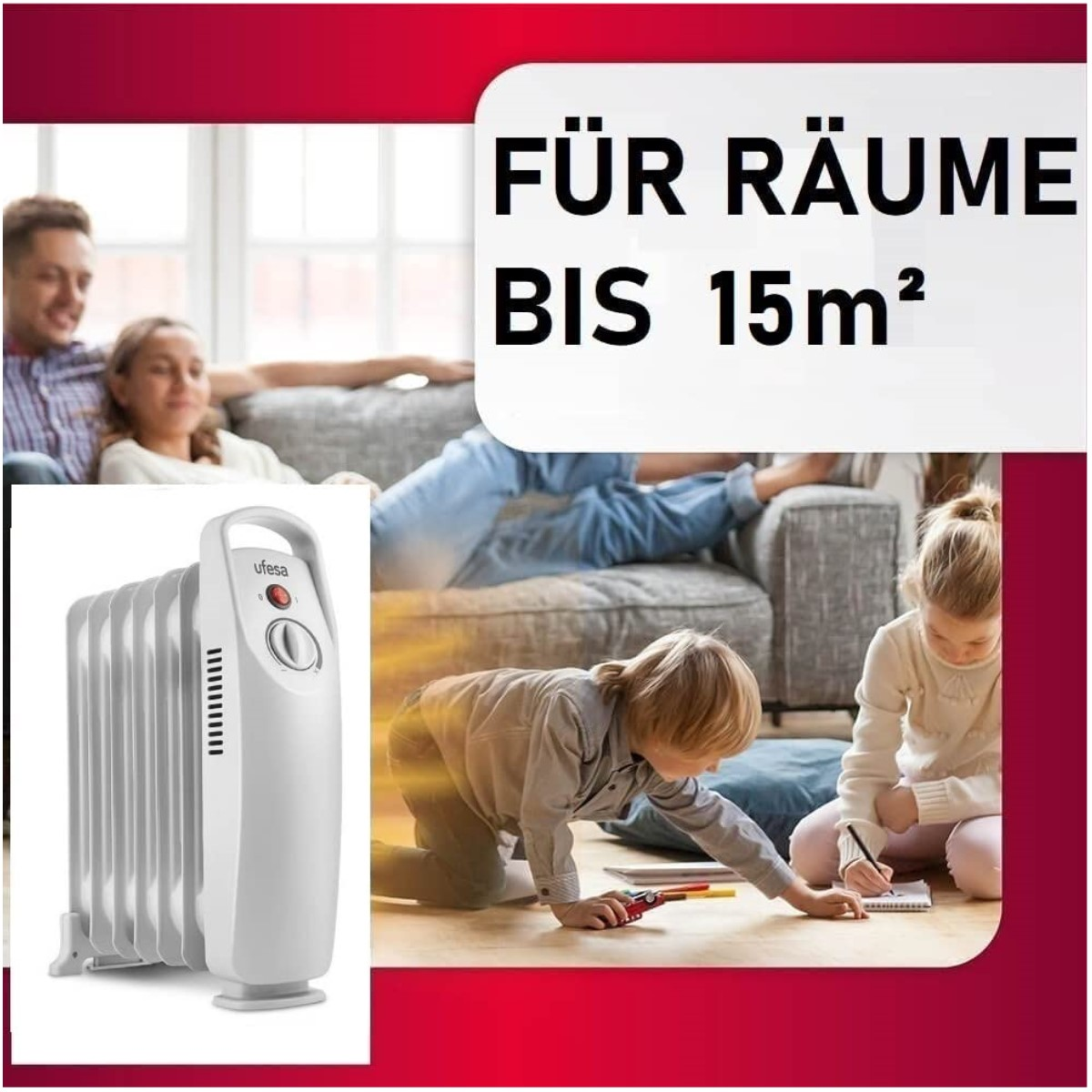 Bild zeigt Personen auf einem Sofa und einen weißen Elektroheizer, mit Text.