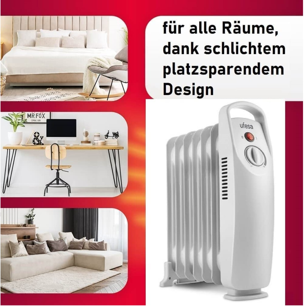 Bildcollage mit Text. Enthält ein Schlafzimmer, einen Schreibtisch und einen weißen Ölheizkörper.
