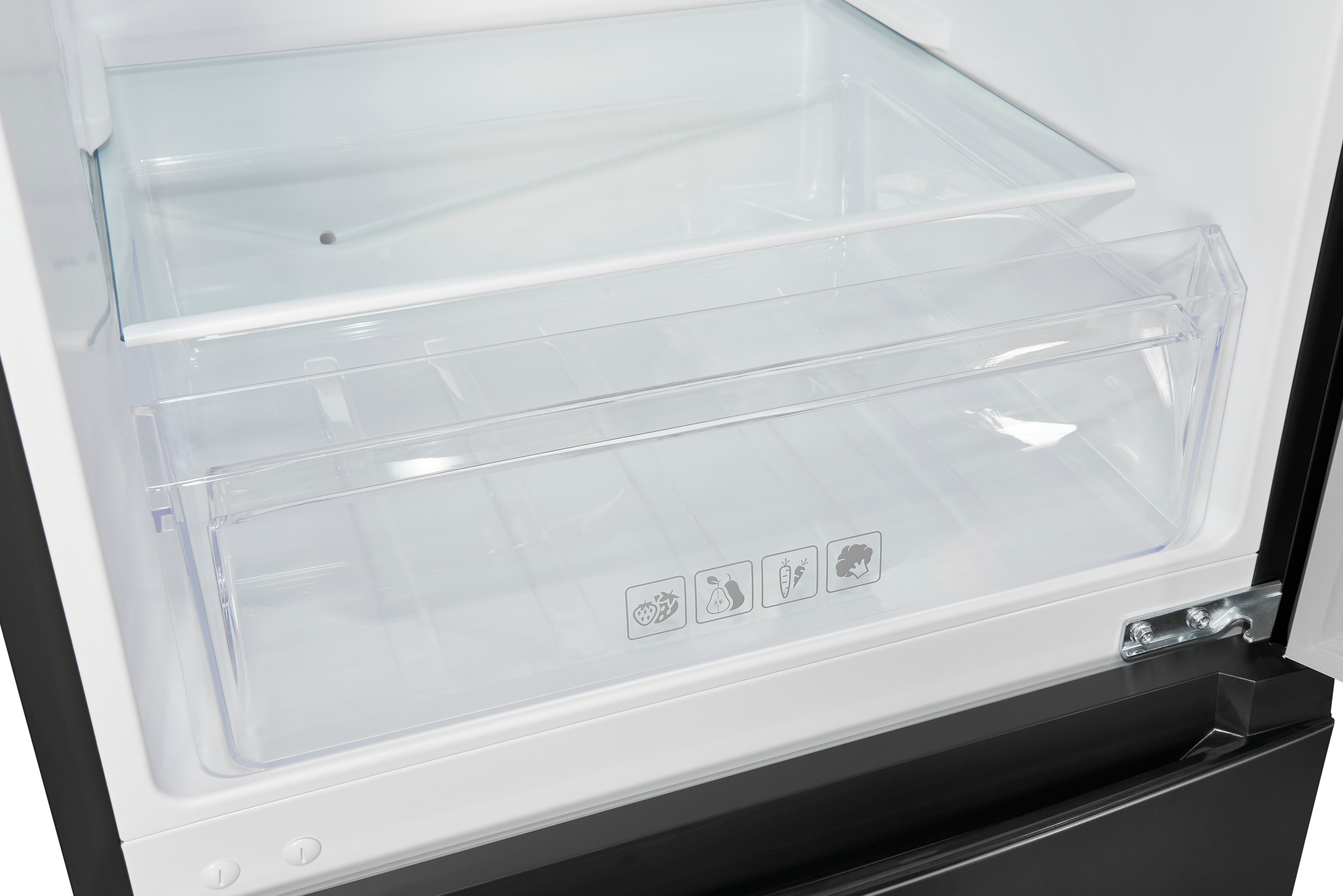 Offene, transparente Kühlschublade mit Gemüse-Icons, in einem schwarzen Kühlschrank.