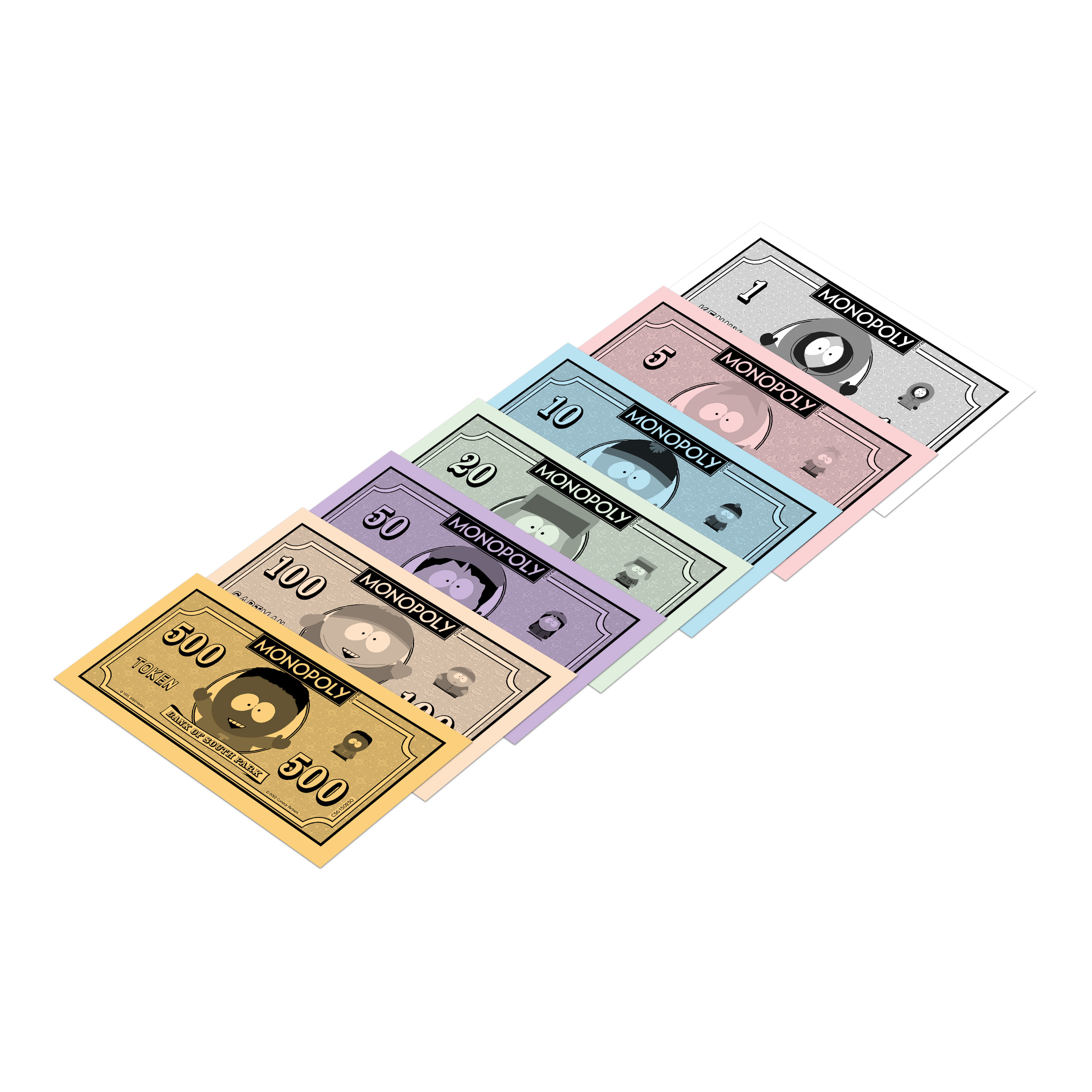Monopoly-Geld in verschiedenen Farben, mit South Park-Charakteren auf jeder Banknote, isoliert auf weißem Hintergrund.