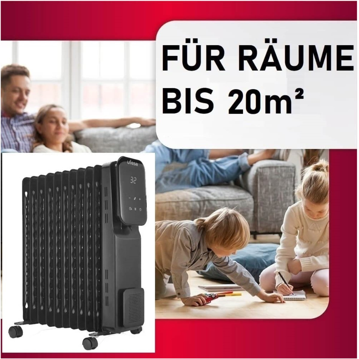 Familie schaut fern, Kind spielt. Heizung für Räume bis 20m².