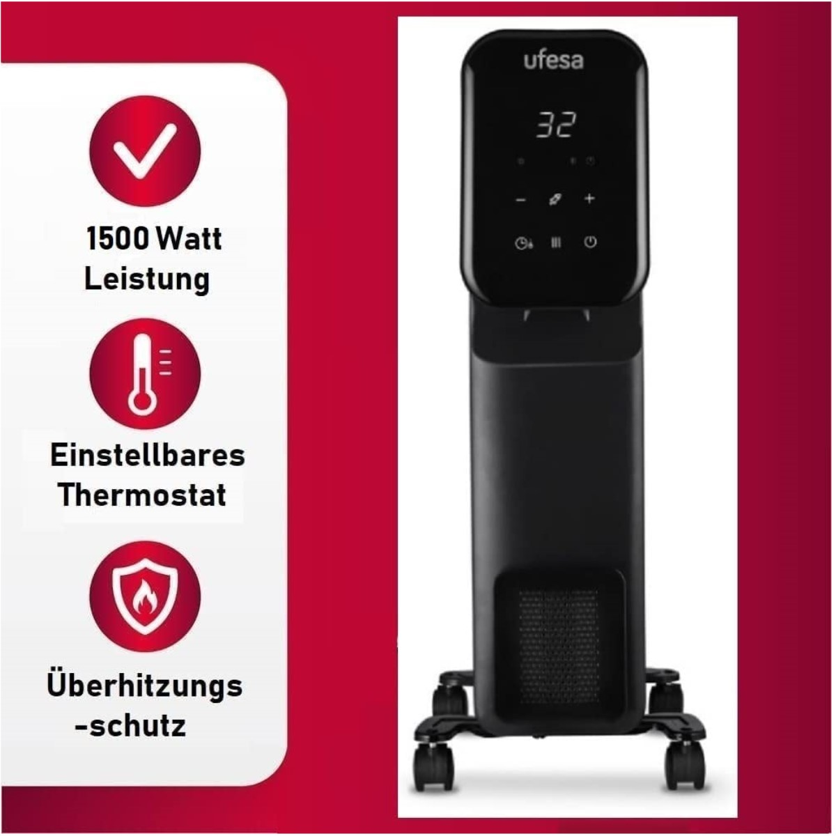 Schwarze Heizung mit Bedienfeld und Symbolen, mit beschreibenden Symbolen links. Roter Hintergrund.