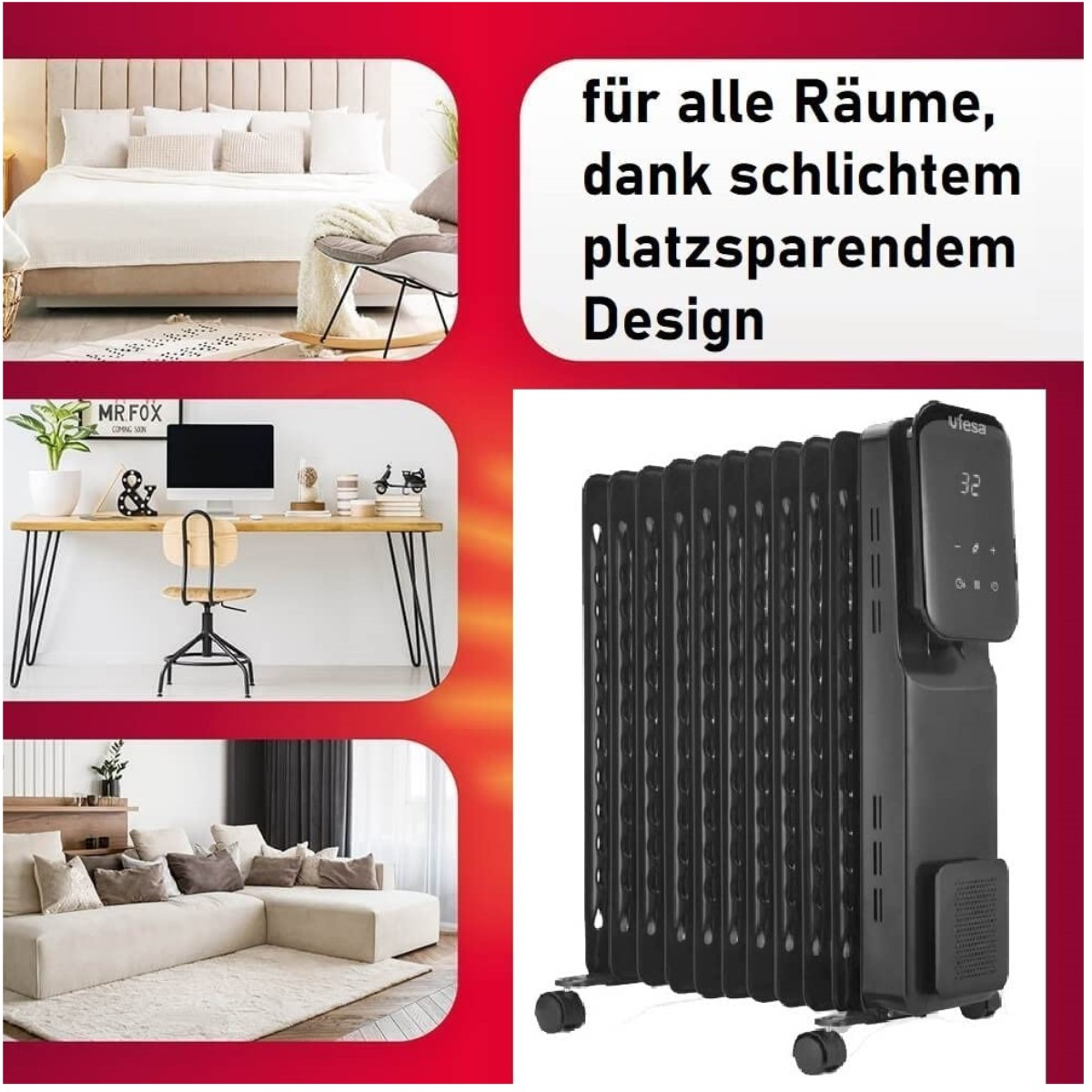 Ein schwarzer Elektroheizer mit Text auf Deutsch und Bildern von Wohnumgebungen wird gezeigt.