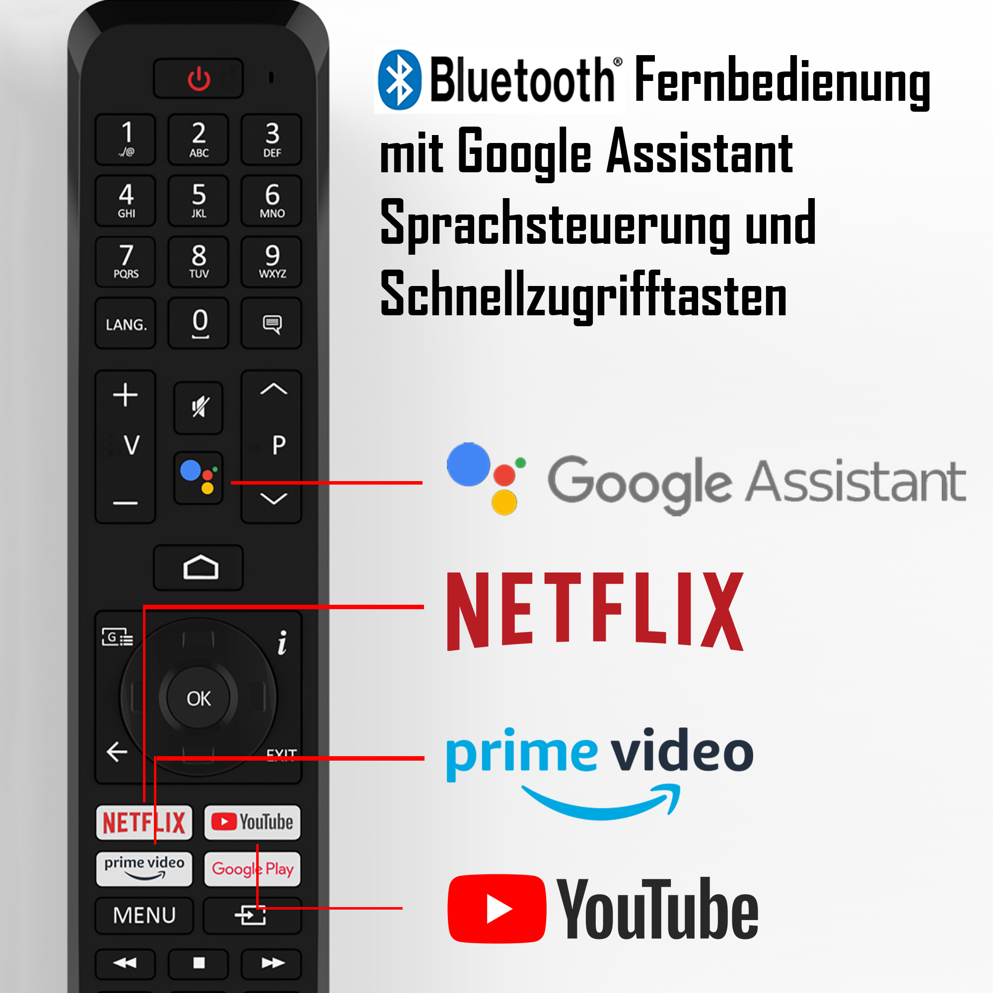 Fernbedienung mit beschrifteten Tasten, einschließlich Netflix, YouTube und Google Assistant Logos.