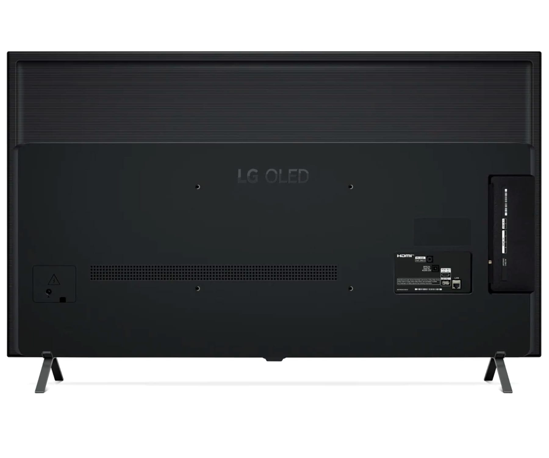 Tył czarnego telewizora LG OLED, pokazujący porty, stojaki i centralne logo LG OLED.