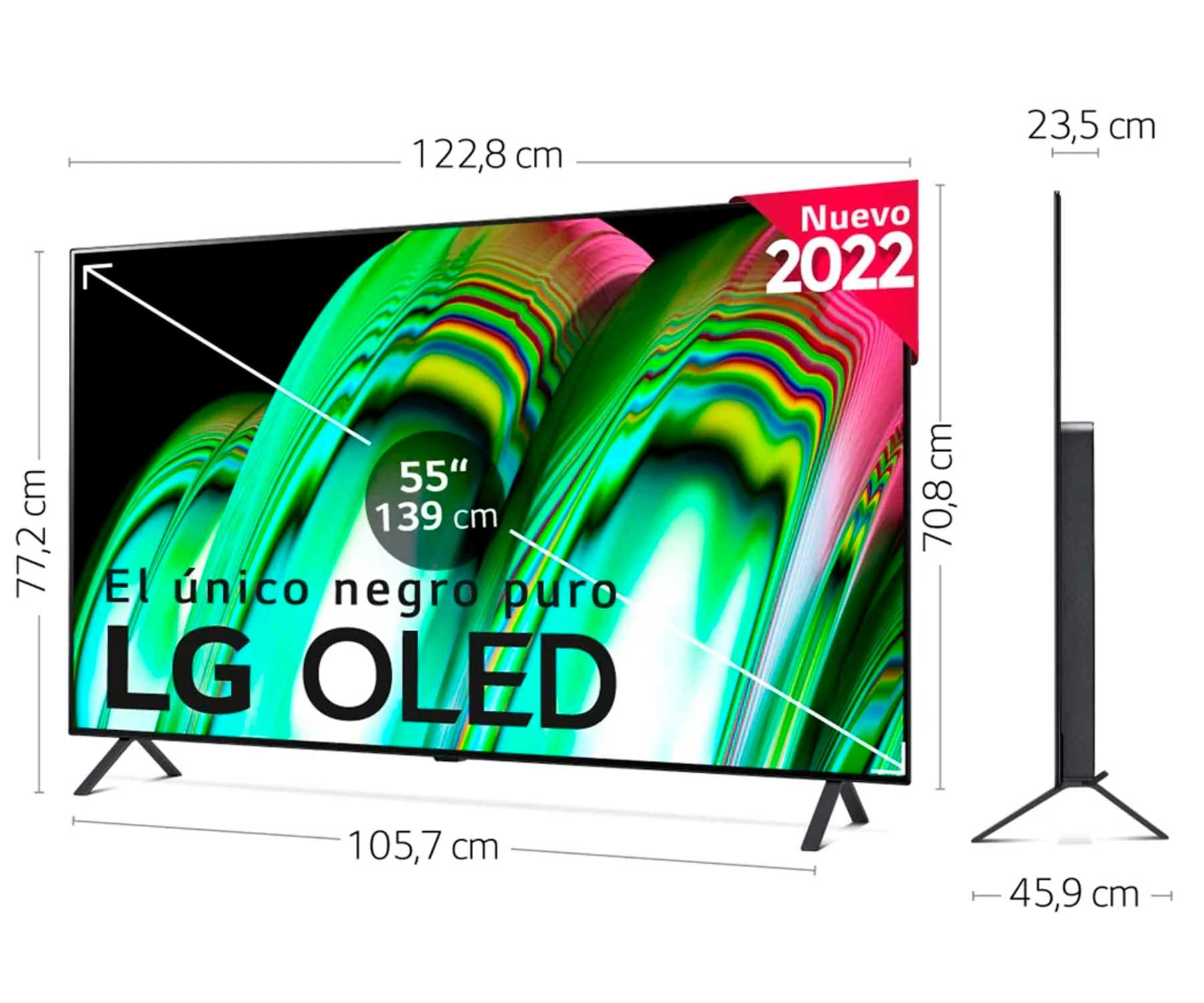 Telewizor LG OLED z wymiarami, z tekstem 'El único negro puro' i 'Nuevo 2022'.