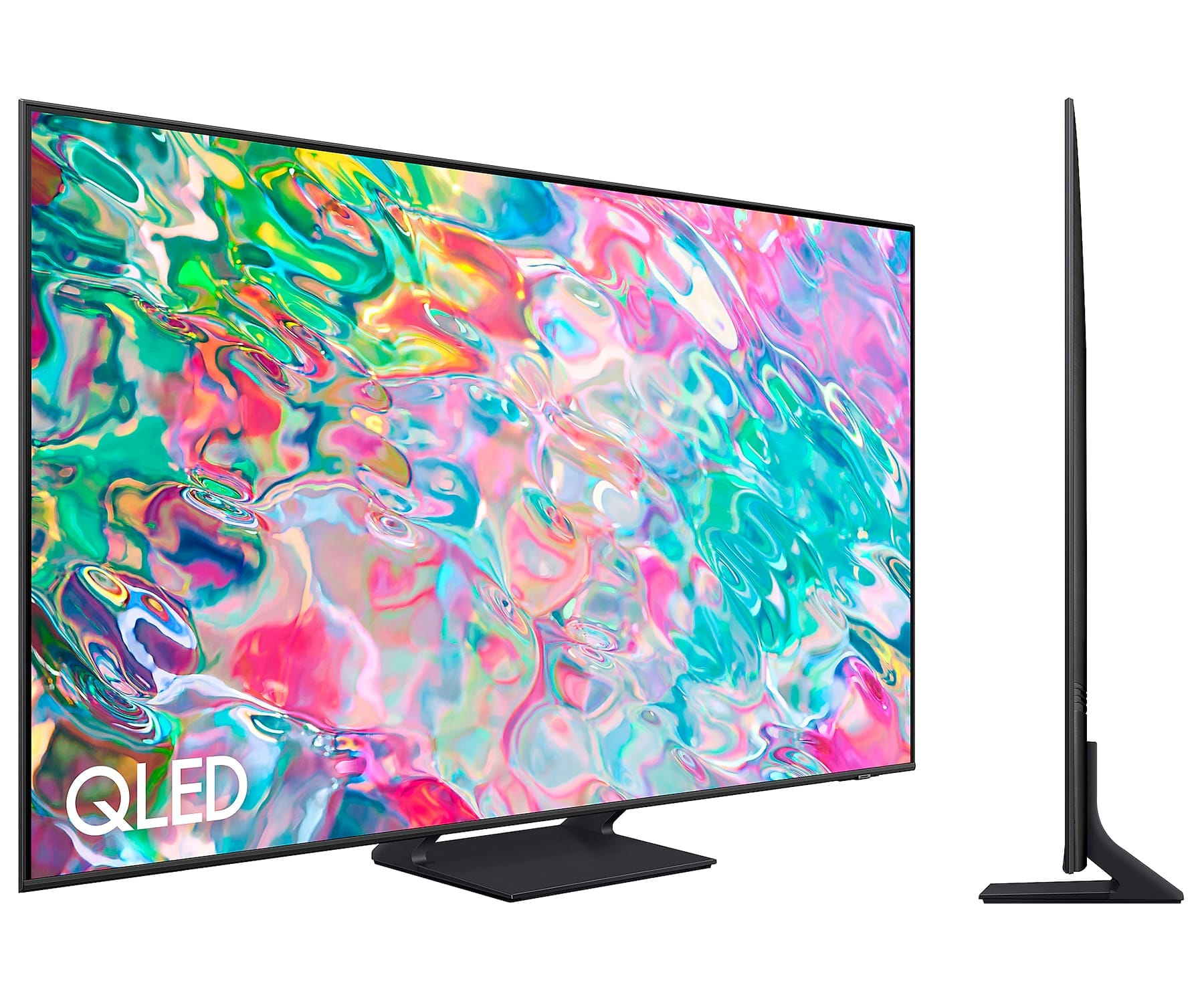 QLED-Fernseher auf weißem Hintergrund. Der Bildschirm zeigt bunte abstrakte Kunst, Seitenansicht.