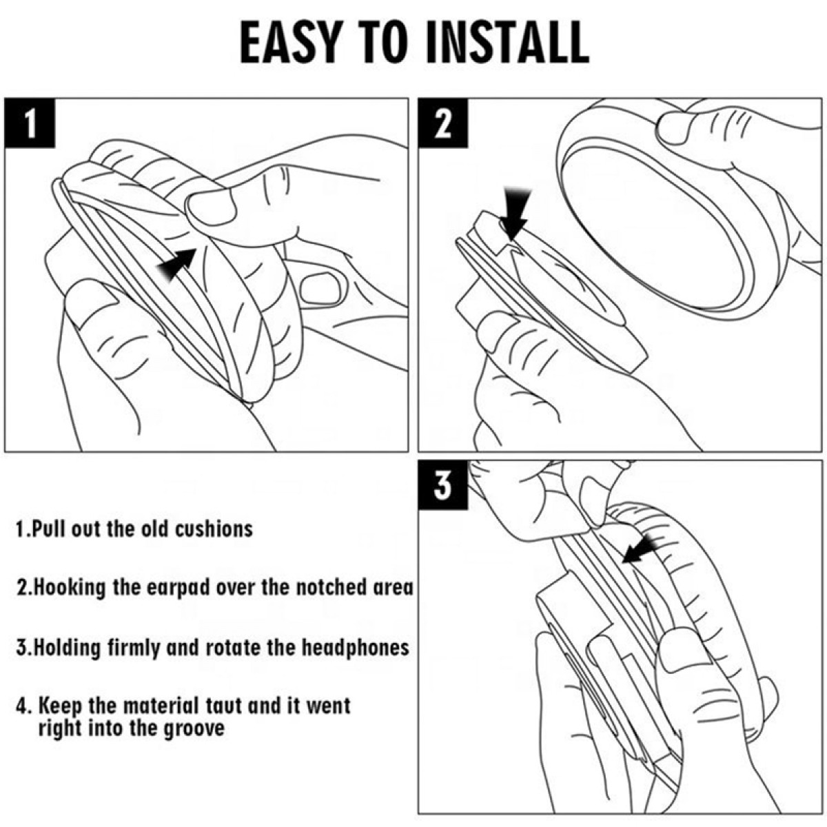 Instrukcje dotyczące wymiany nauszników. Pokazuje kroki demontażu, zaczepiania i obracania.