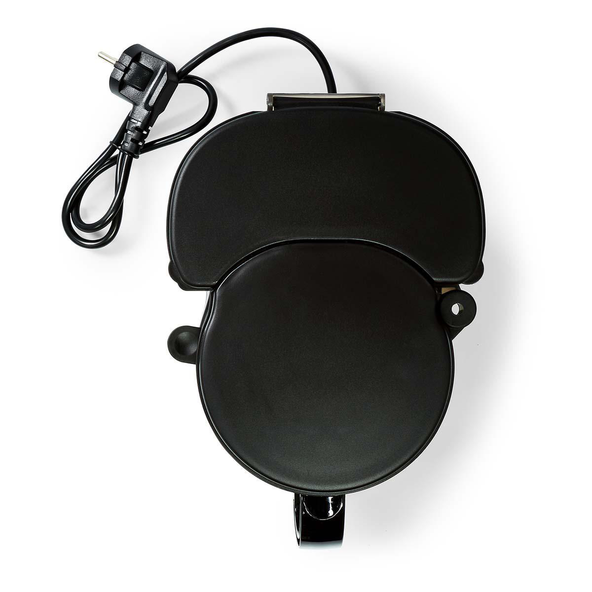 Czarny opiekacz do kanapek z dwiema okrągłymi powierzchniami do gotowania. Górna część jest otwarta.