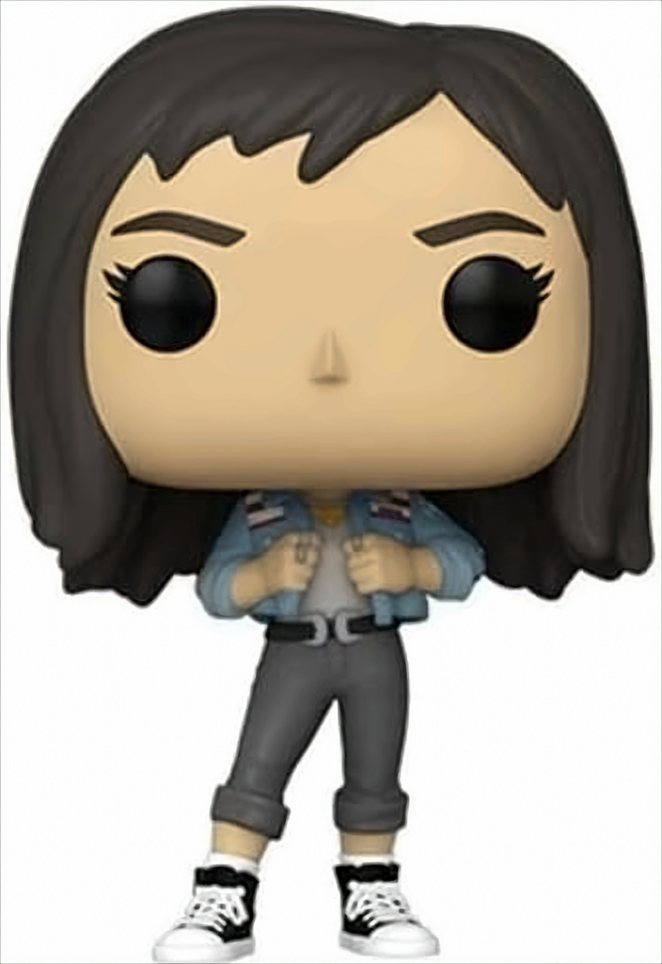Funko Pop di una donna con una giacca di jeans. Primo piano: figura. Sfondo: bianco.
