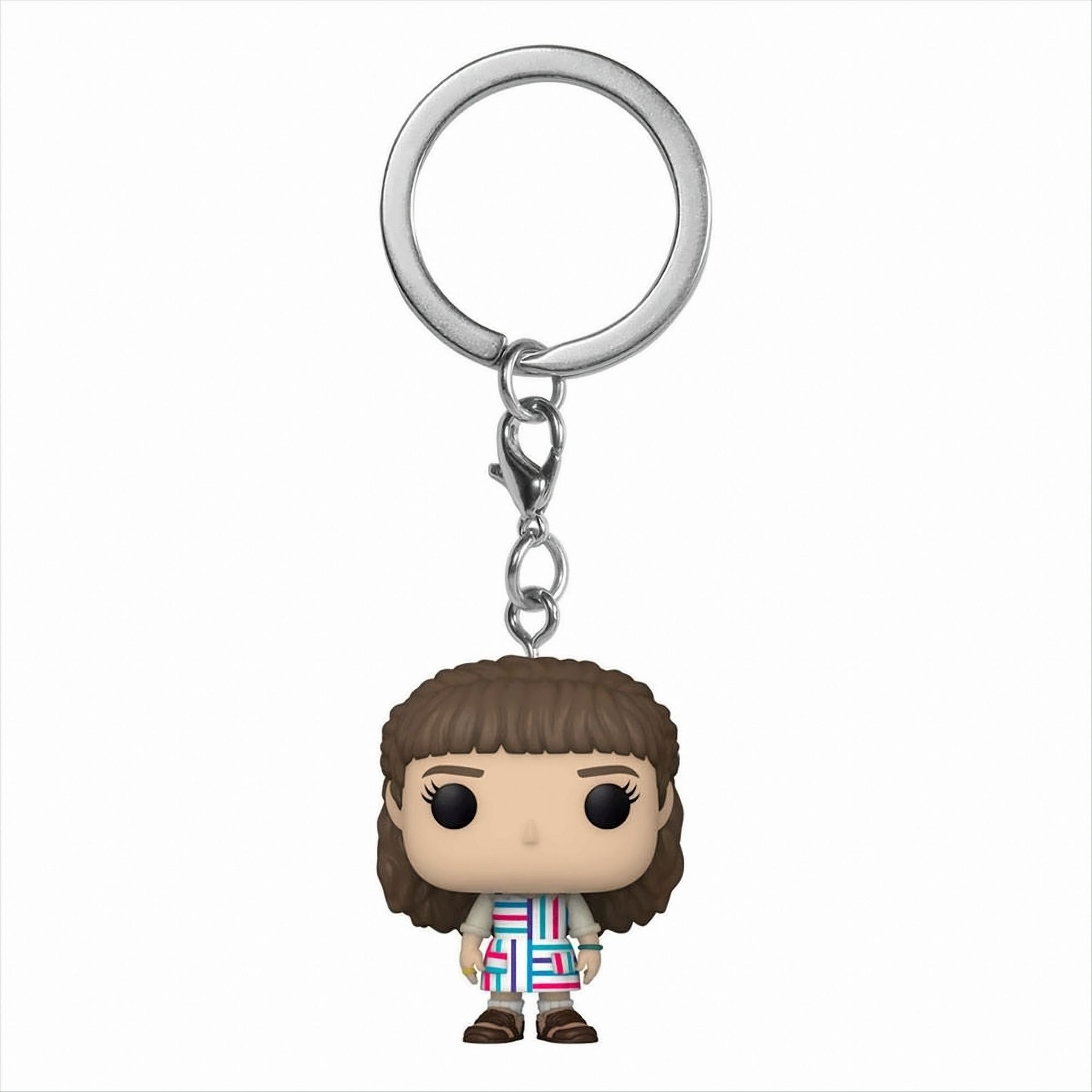 Portachiavi Funko Pop di Undici da Stranger Things, con anello d'argento. Sfondo bianco.