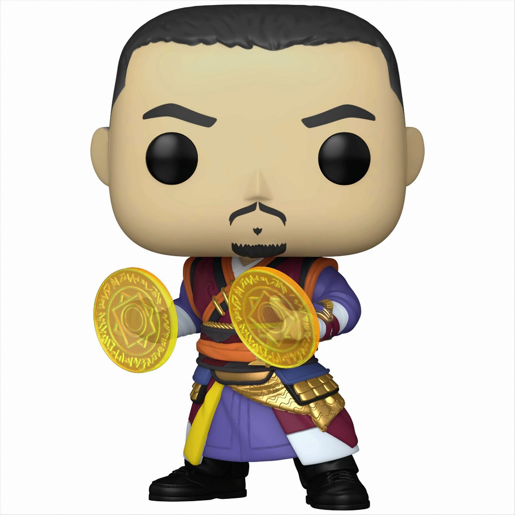 Figura Funko Pop di un uomo in costume viola e oro che tiene due dischi luminosi.