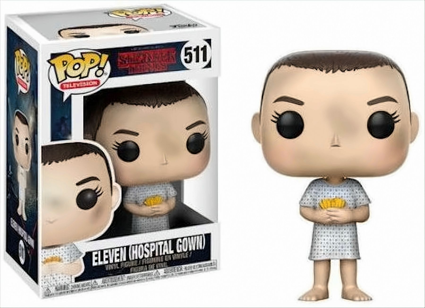 Figura Funko Pop de Eleven de Stranger Things con bata de hospital, con arte de caja.