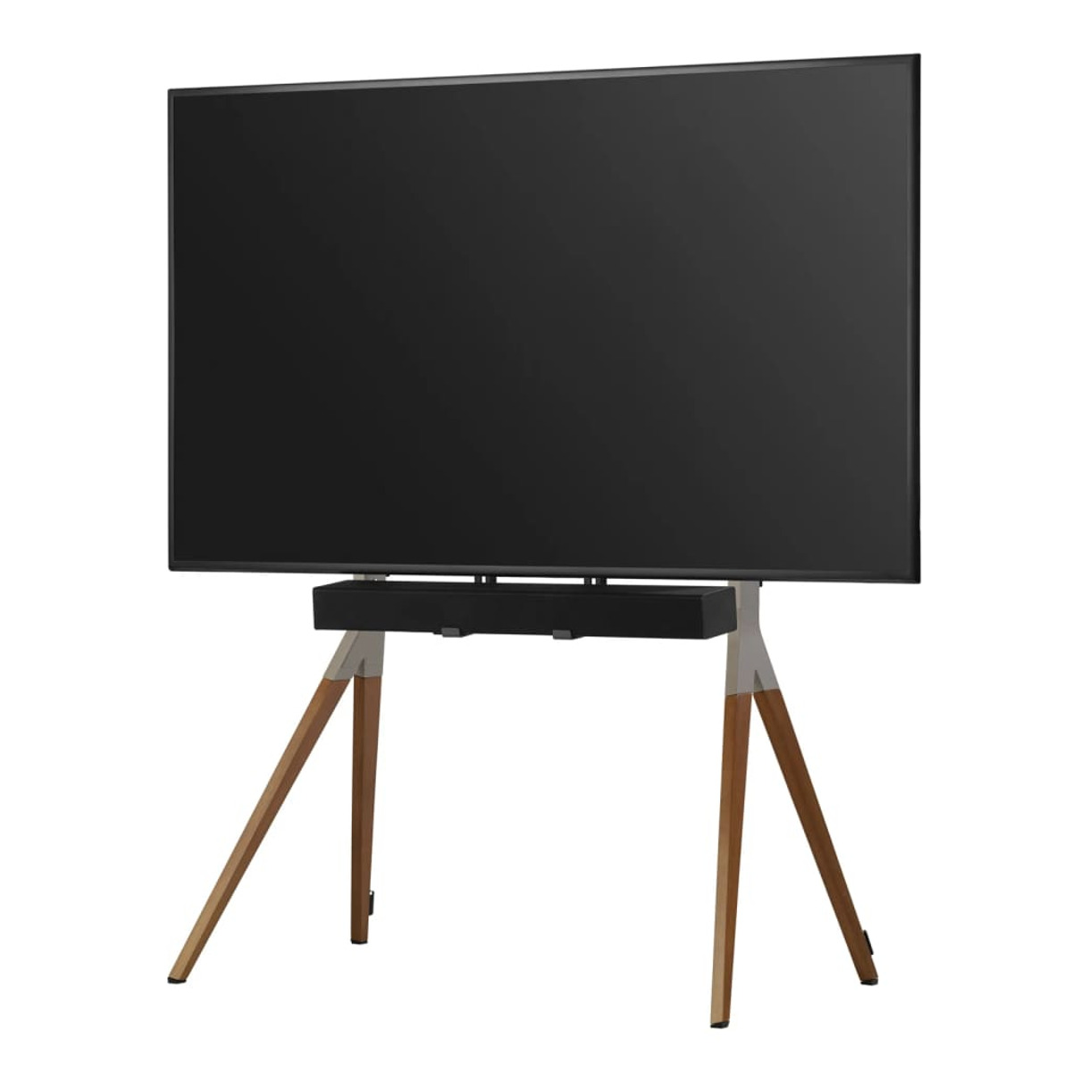 Un grande televisore nero su un supporto in legno con gambe angolate. Lo schermo è spento.