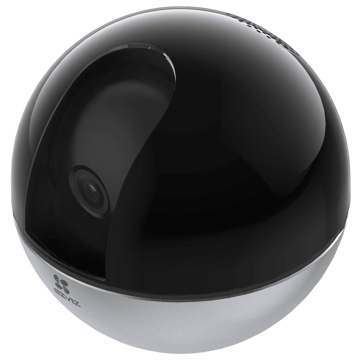 Una telecamera di sicurezza nera e argento con una parte superiore a cupola su sfondo bianco.