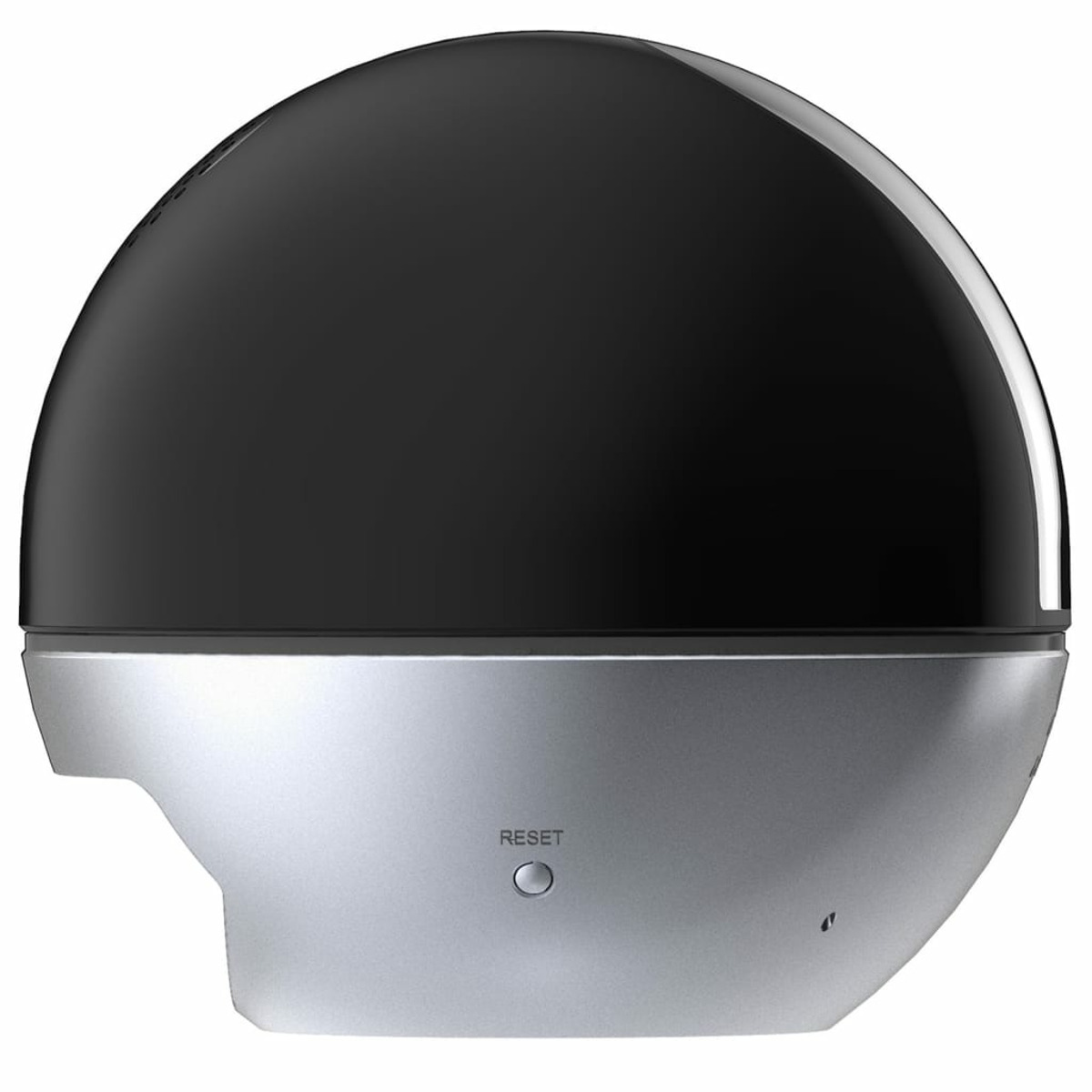 Una telecamera di sicurezza a forma di cupola nera e argento. Ha un pulsante di ripristino e una piccola porta per microfono.