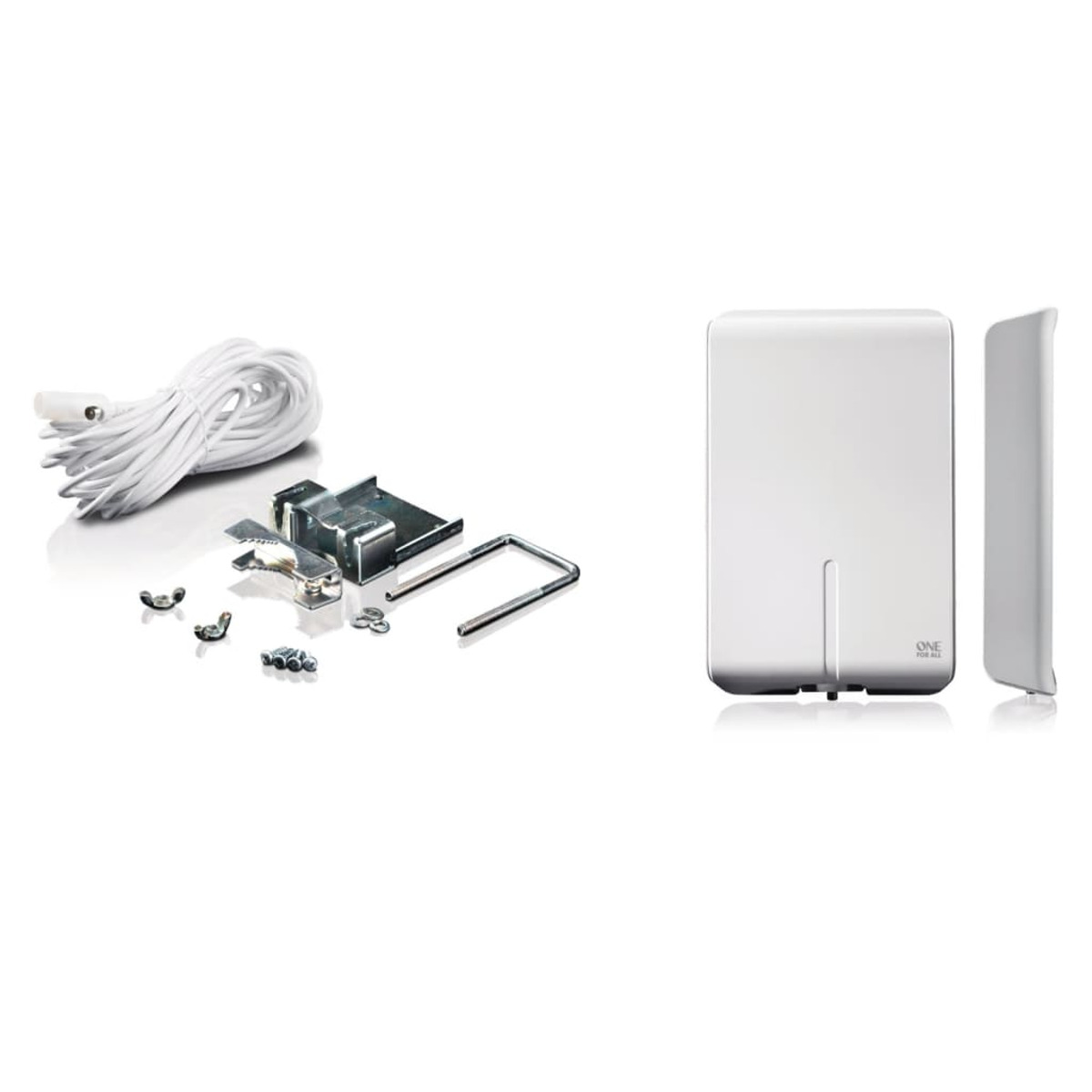 Antenna bianca con hardware di montaggio e cavo bianco arrotolato.