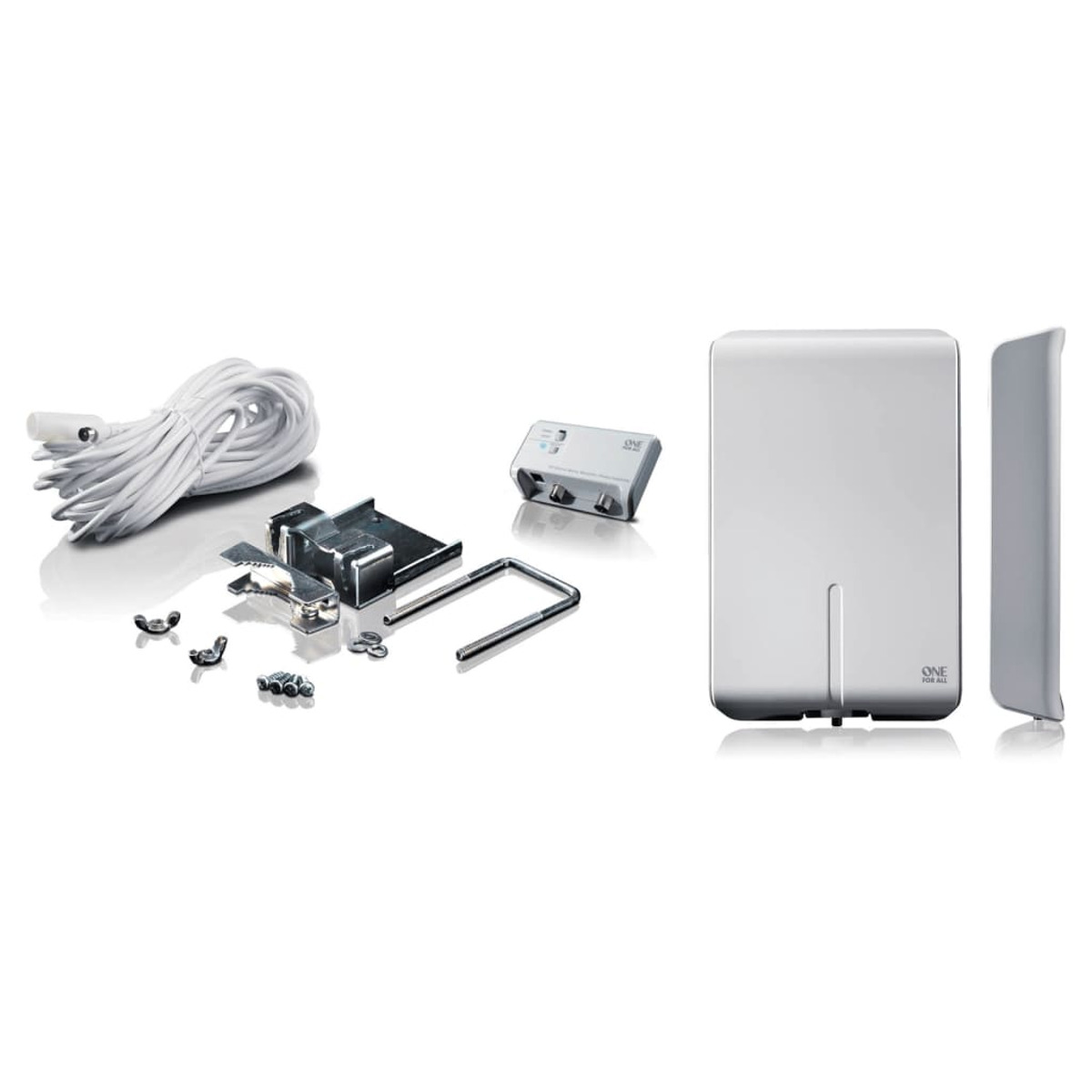 Ein weißes Antennen-Kit mit Komponenten, einschließlich eines Kabels, und einem weißen Hintergrund.
