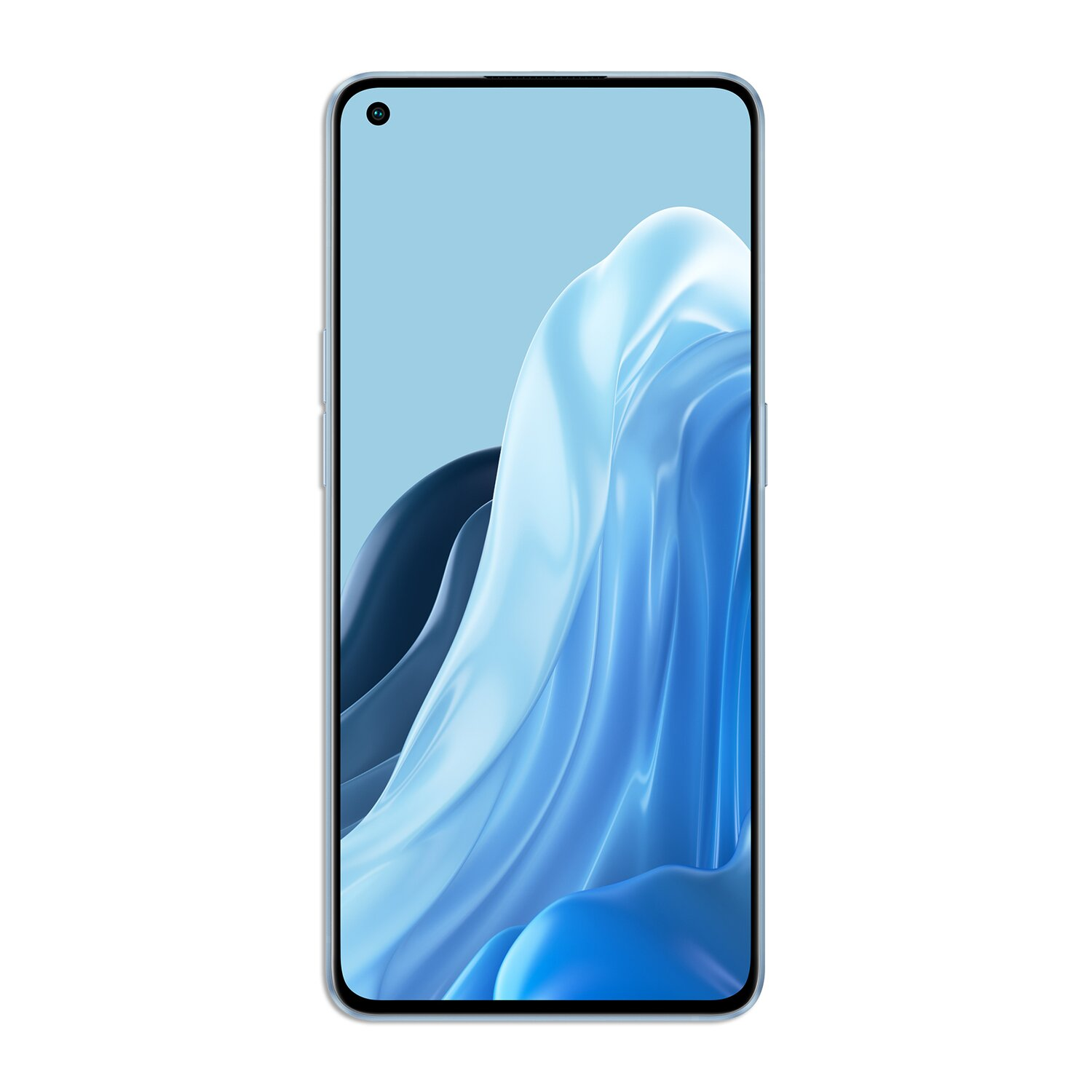 Ein Smartphone mit einem gebogenen Bildschirm, der ein blaues abstraktes Bild zeigt, vor weißem Hintergrund.