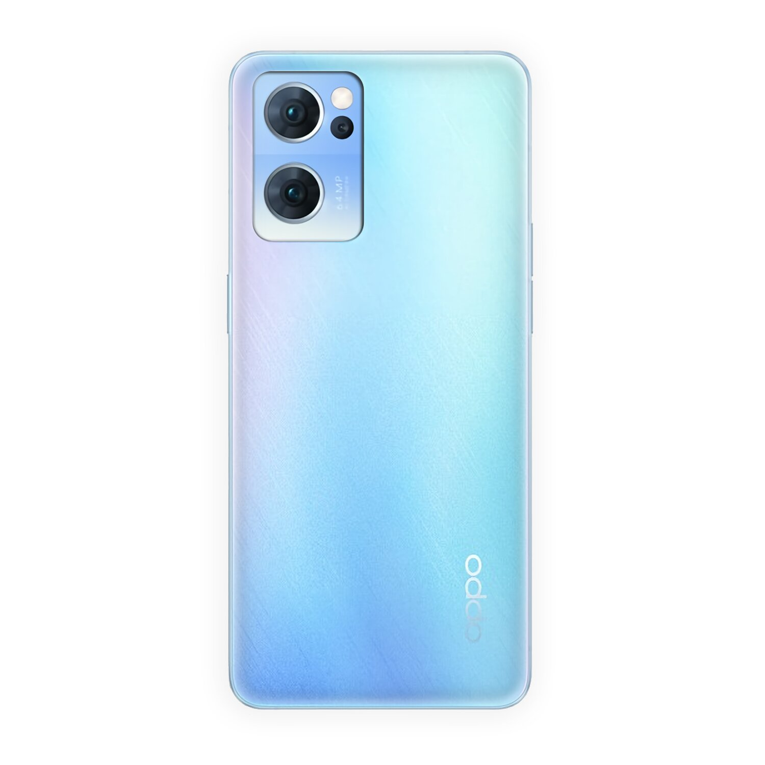 Ein hellblaues Telefon mit zwei Kameras und einem Logo auf weißem Hintergrund.