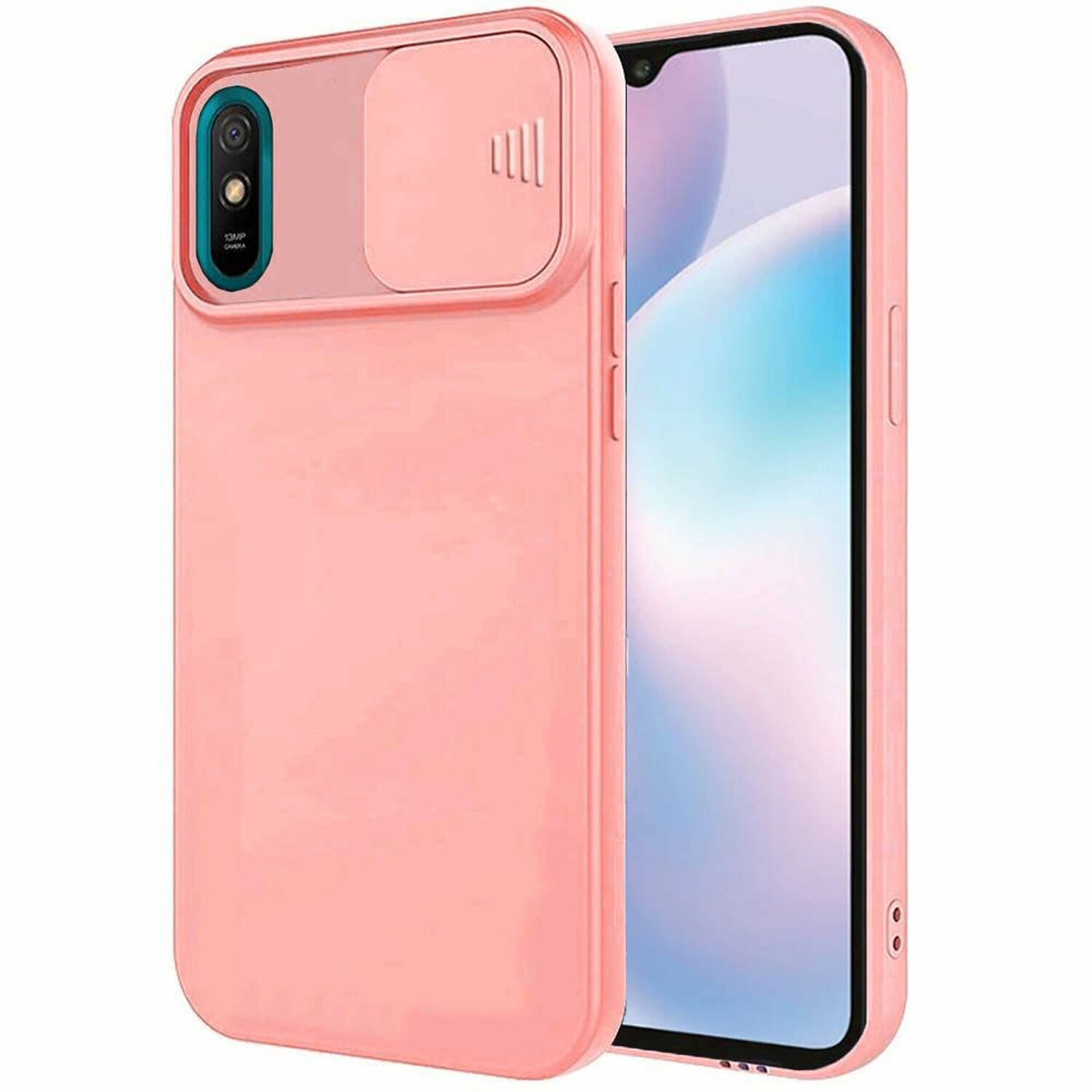 Una custodia rosa per telefono con cursore fotocamera su un telefono con schermo blu.
