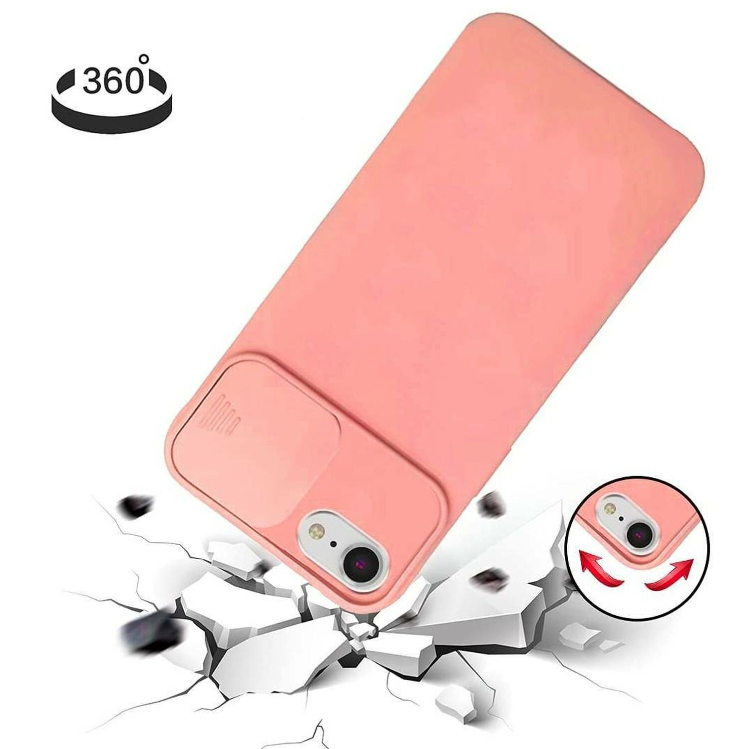 Custodia rosa per telefono con copertura per fotocamera. Sembra sia caduta e stia rompendo una superficie bianca.