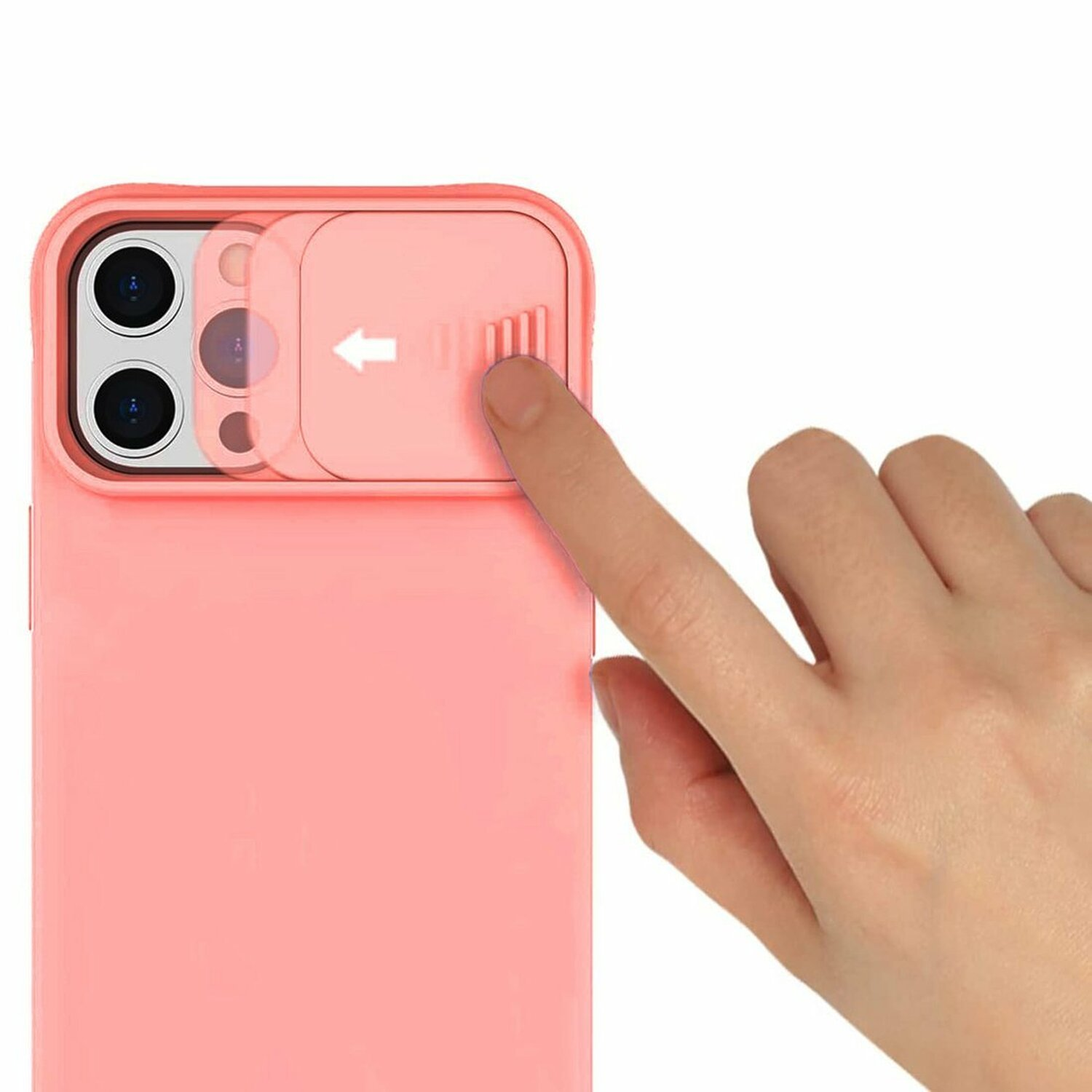 Una mano fa scorrere il coperchio della fotocamera di una custodia rosa per rivelare le lenti. La custodia è rosa.