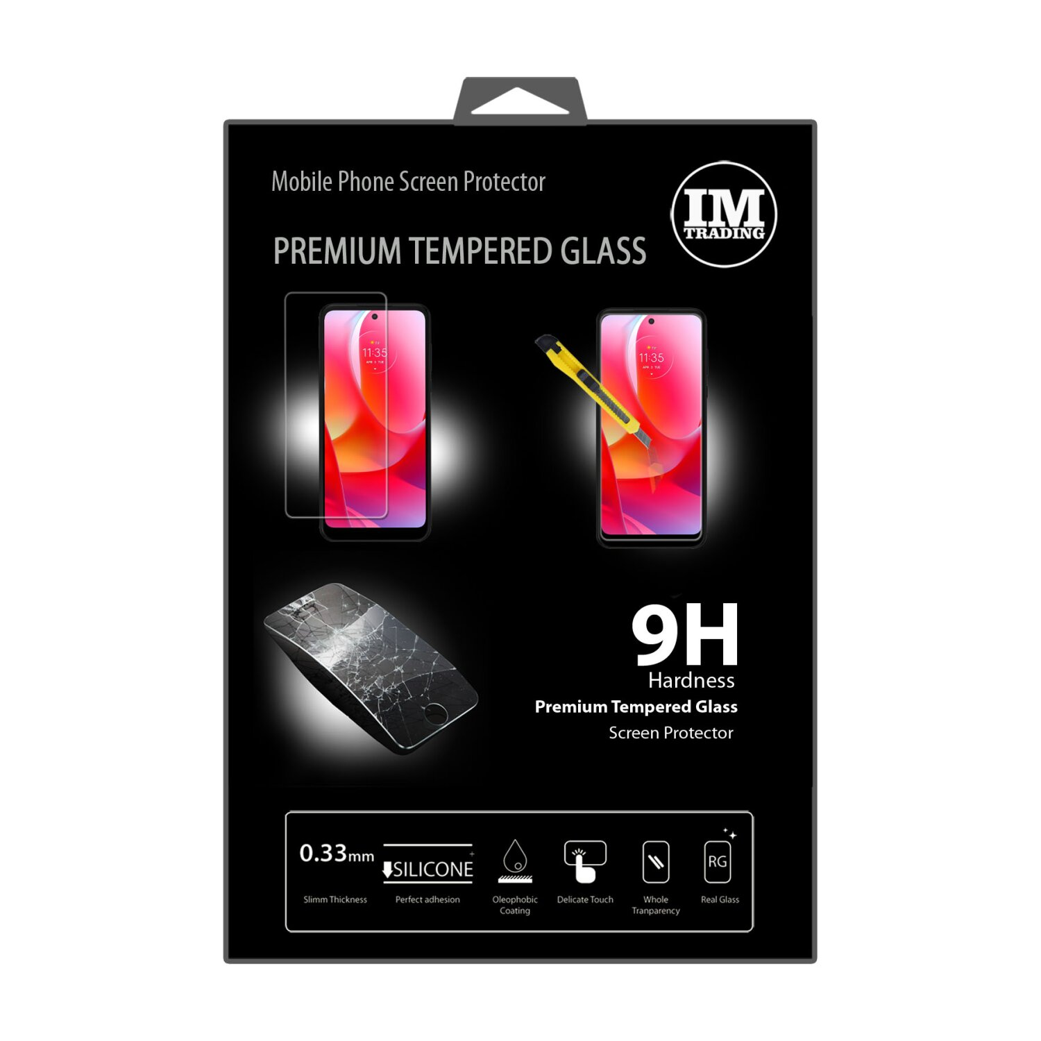 Verpackung für Displayschutzfolie mit Handys, Cutter und Details.